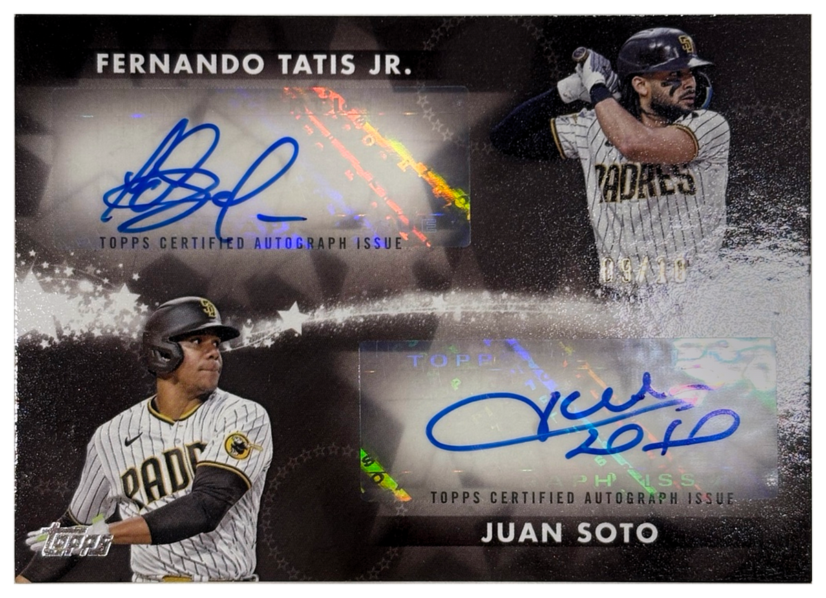 Fernando Tatis Jr. and Juan Soto 2024 Topps Series 1 Baseball Stars Dual Autograph 09/10 - front