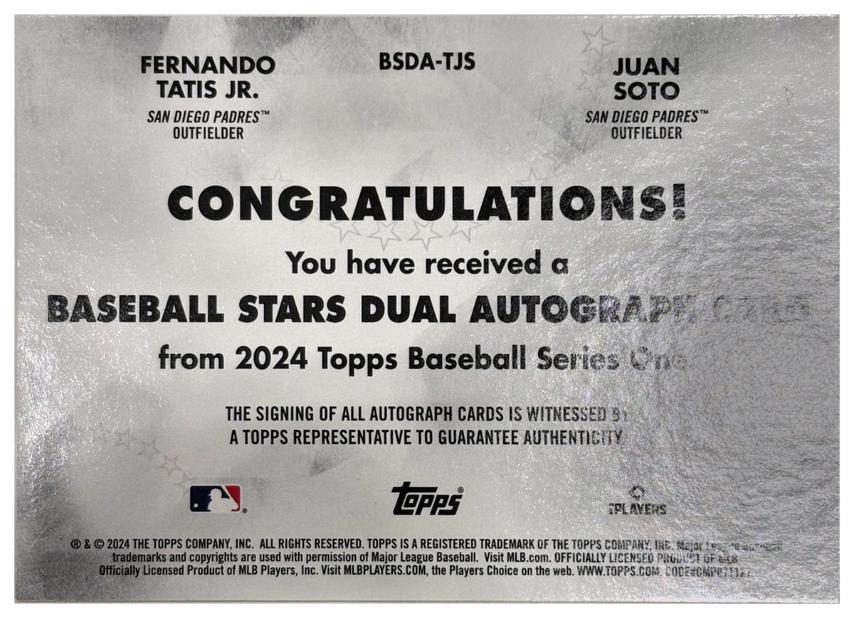 Fernando Tatis Jr. and Juan Soto 2024 Topps Series 1 Baseball Stars Dual Autograph 09/10 - back