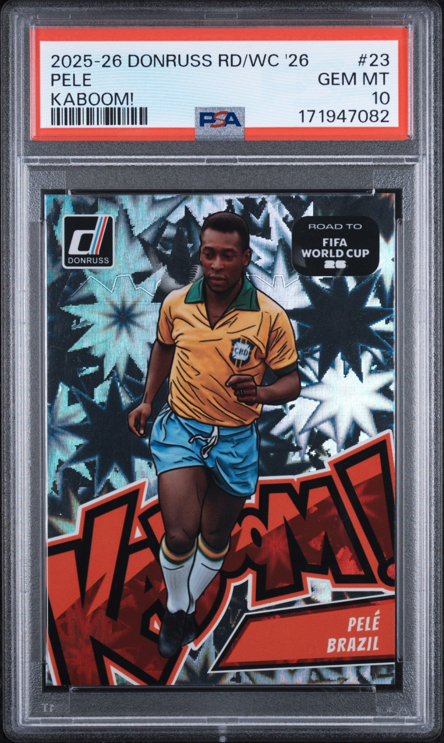 Pelé 2025/26 Panini Donruss Road to FIFA World Cup 26 Kaboom! #23 PSA 10 - fronte