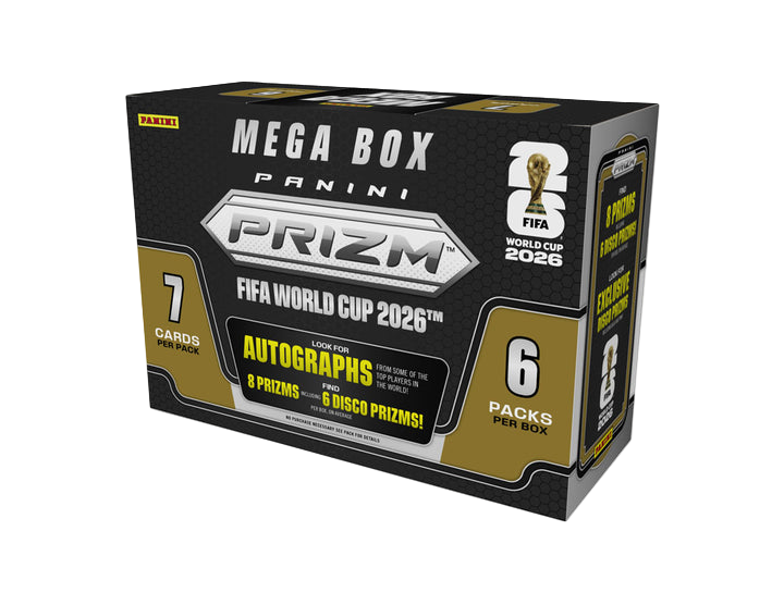 2026 Panini Prizm FIFA World Cup Soccer Hobby Mega Box — sealed box, transparent background
