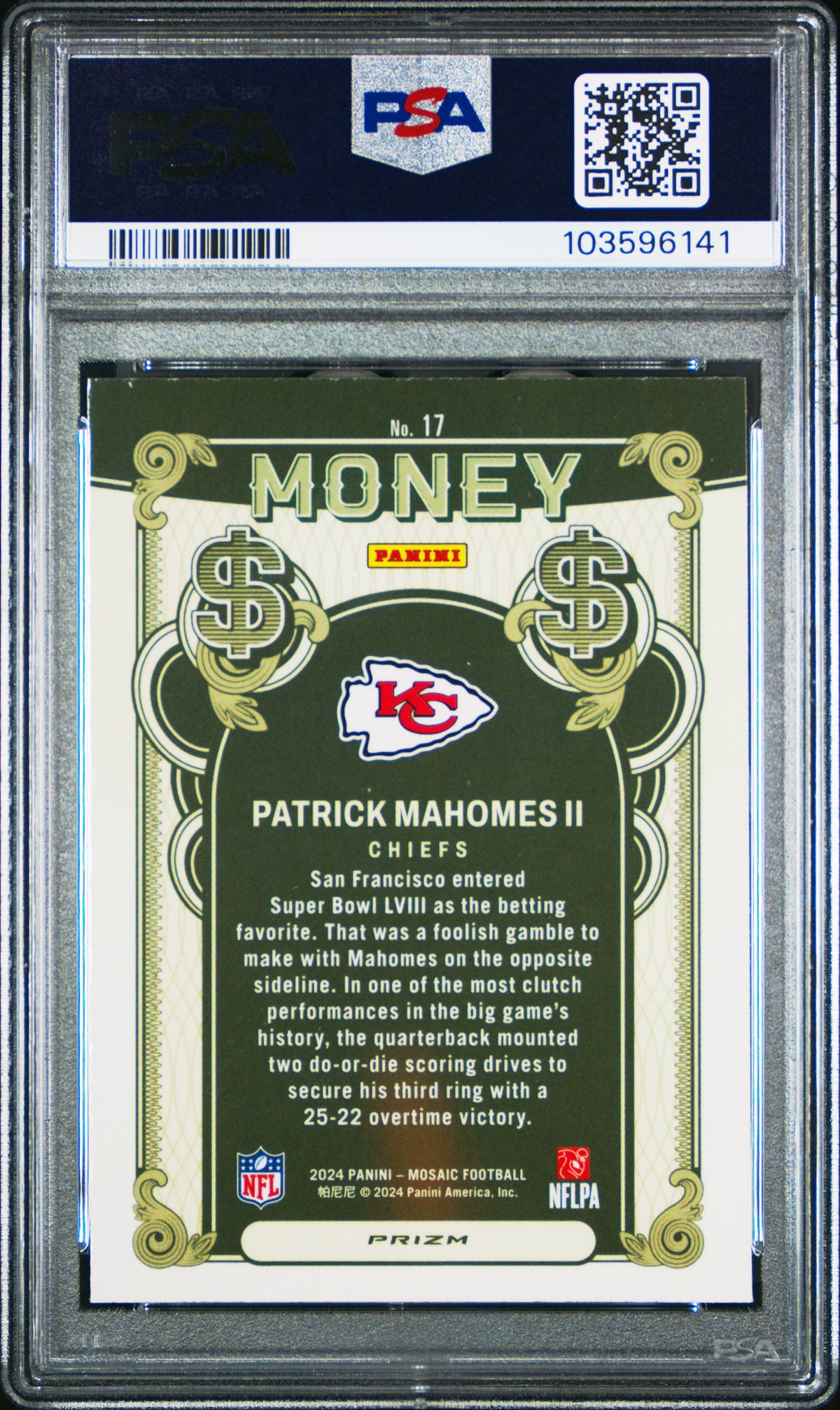 PATRICK MAHOMES II - 2024 Panini Mosaic Money #17 PSA 9 - Retro - Cert. 103596141