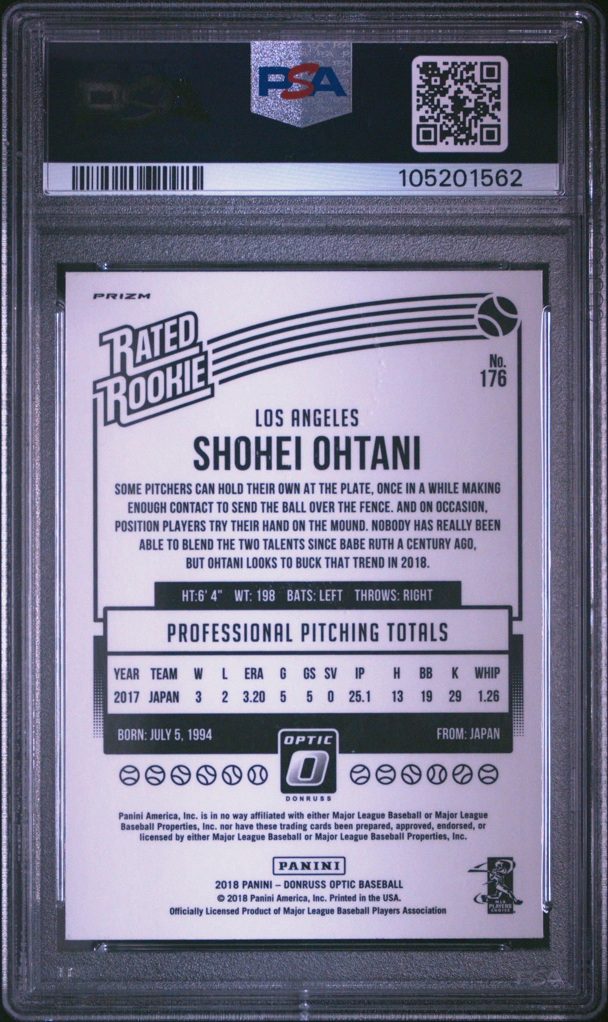 SHOHEI OHTANI - 2018 Panini Donruss Optic Pink #176 RC PSA 9 - back - PSA certification 105201562
