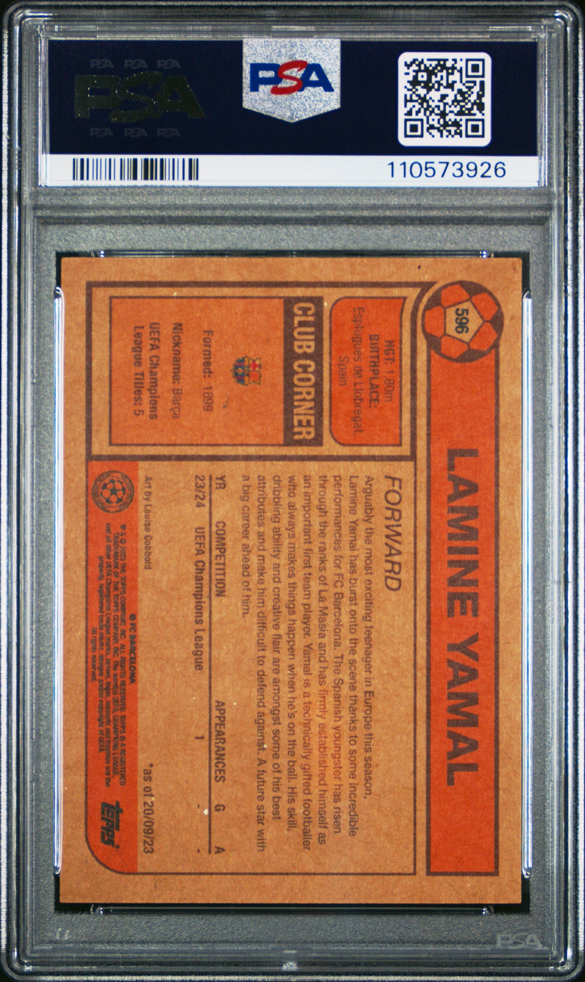 LAMINE YAMAL - 2023 Topps Living UEFA Champions League RC #596 PSA 9 - foto rappresentativa - retro