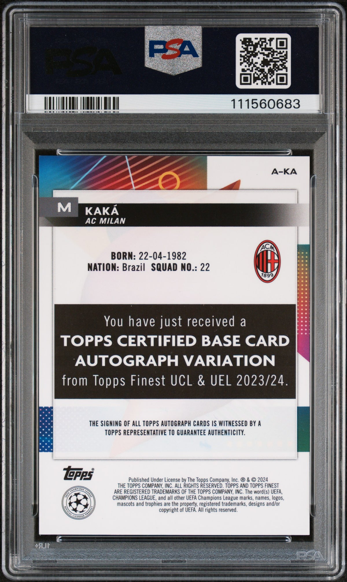 KAKÁ - 2023/24 Topps Finest UEFA Club Competitions Autograph Gold Refractor #AKA PSA 9 Auto 10 - Retro - Cert. 111560683