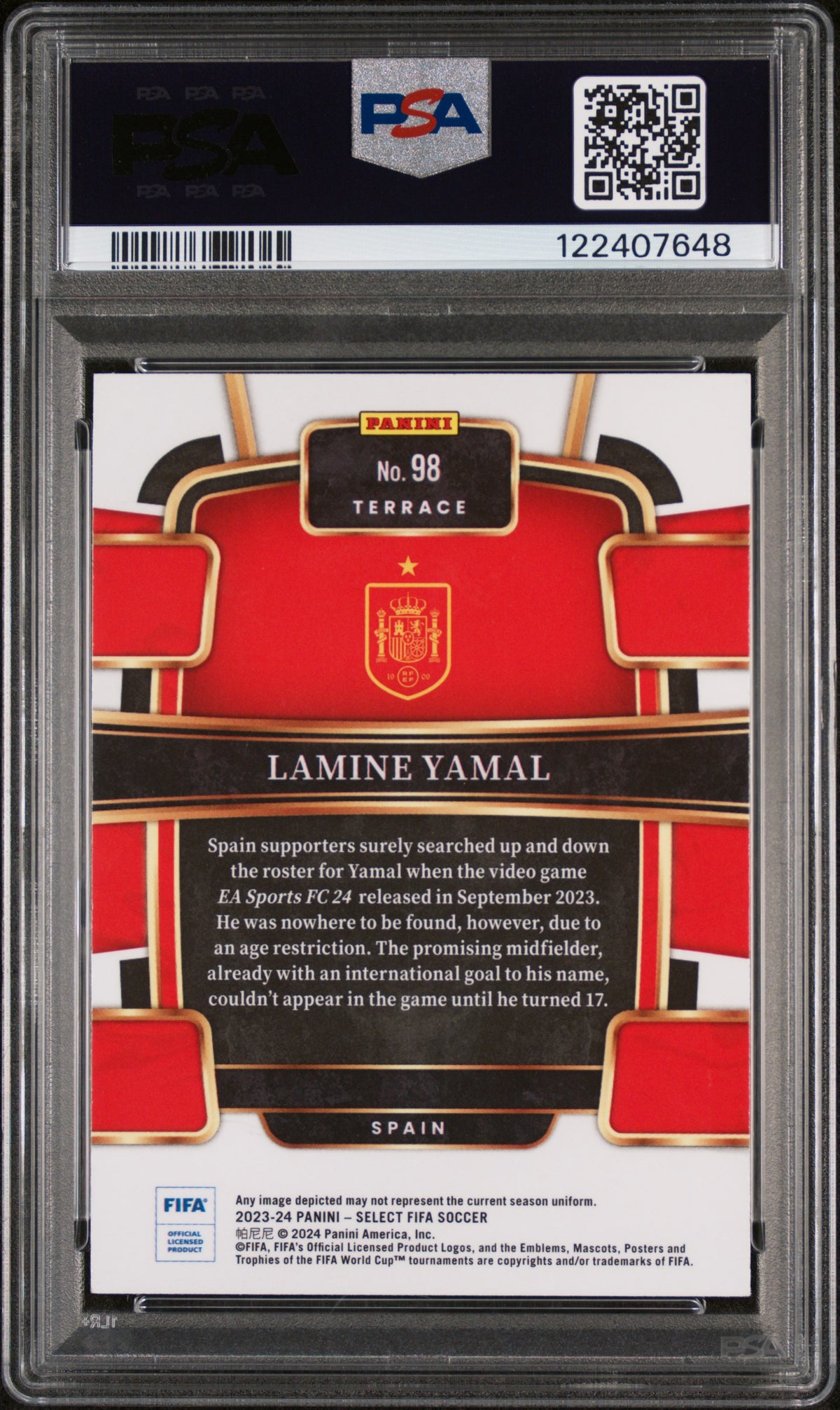 LAMINE YAMAL - 2023/24 Panini Select FIFA RC #98 PSA 9 - foto rappresentativa - retro