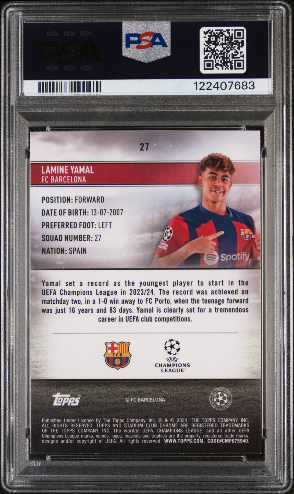 LAMINE YAMAL - 2023/24 Topps Stadium Club Chrome UEFA RC #27 PSA 9 - foto rappresentativa - retro