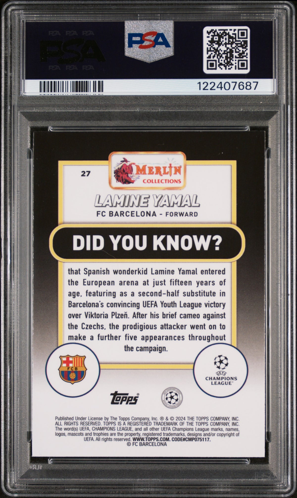 LAMINE YAMAL - 2023/24 Topps Merlin UEFA Club Competitions RC #27 PSA 9 - foto rappresentativa - retro