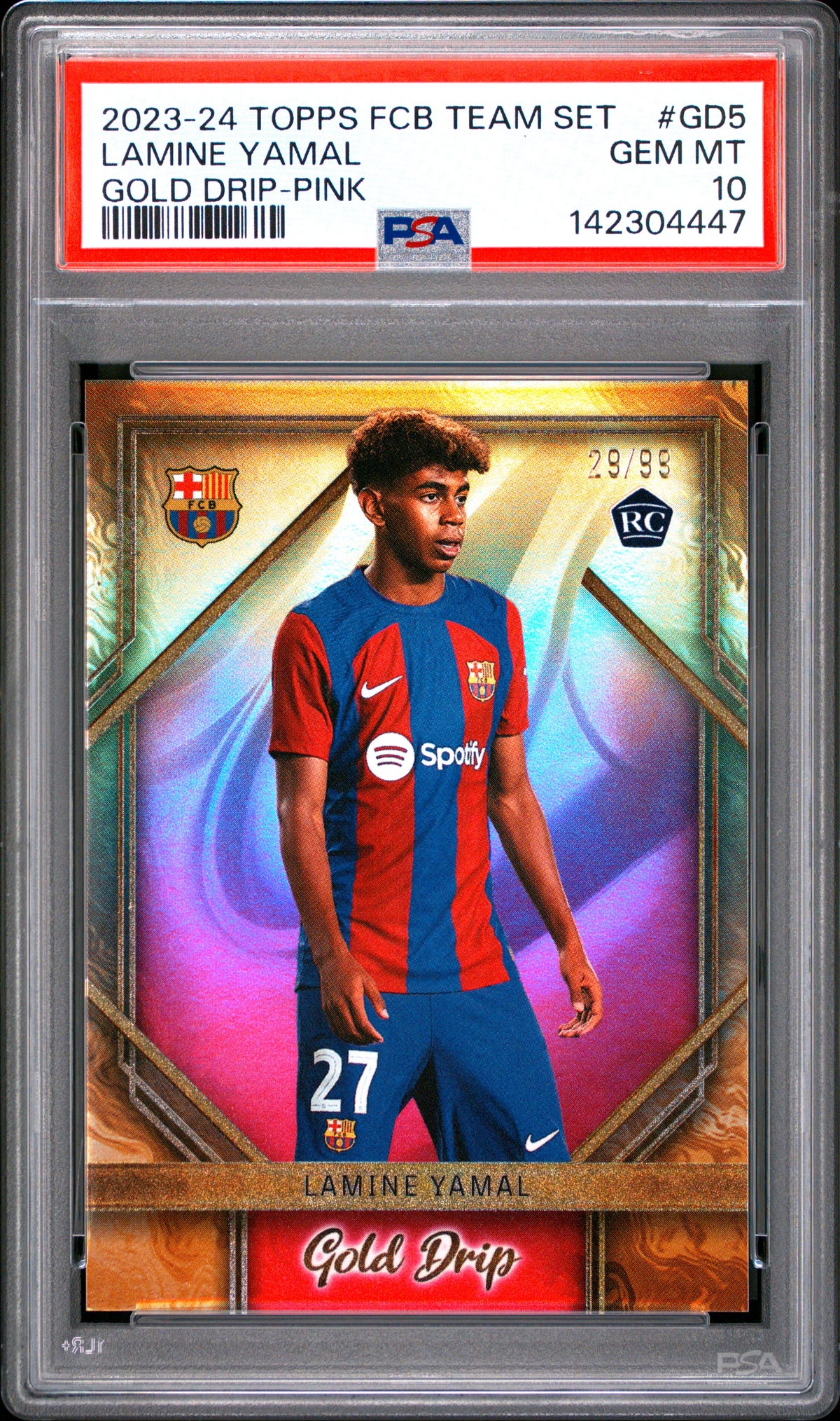 Lamine Yamal — 2023/24 Topps FC Barcelona Team Set Gold Drip Pink RC #GD5 /99 PSA 10 - fronte