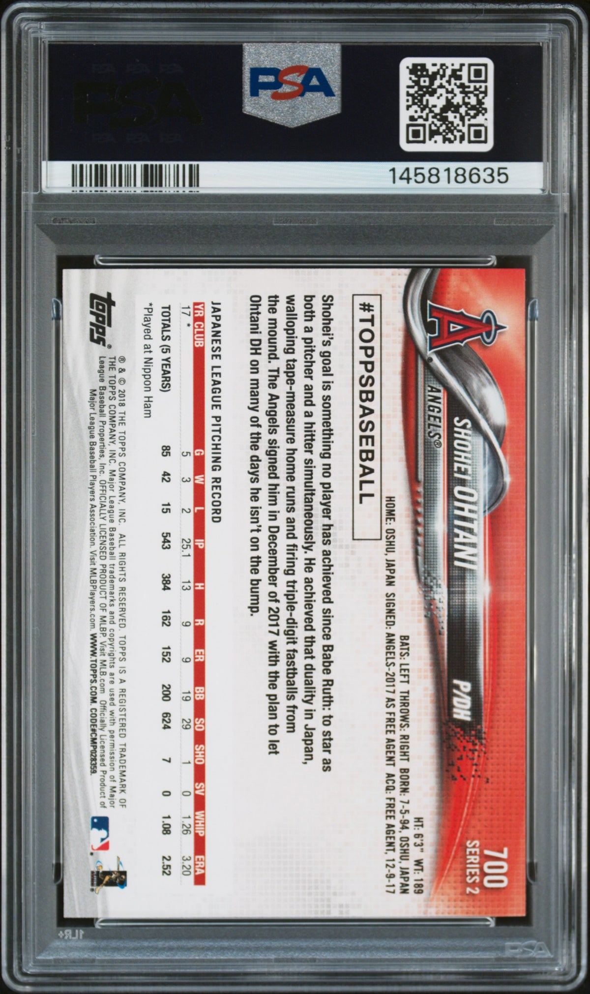 SHOHEI OHTANI - 2018 Topps Pitching #700 RC PSA 8 - back - PSA certification 145818635