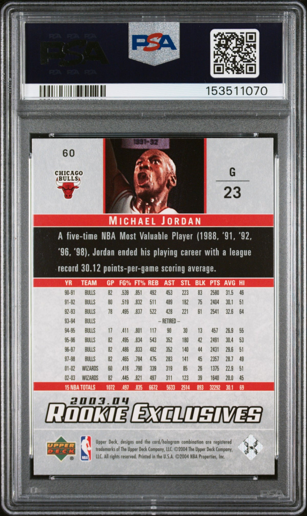 MICHAEL JORDAN - 2003/04 Upper Deck Rookie Exclusives #60 PSA 10 - back