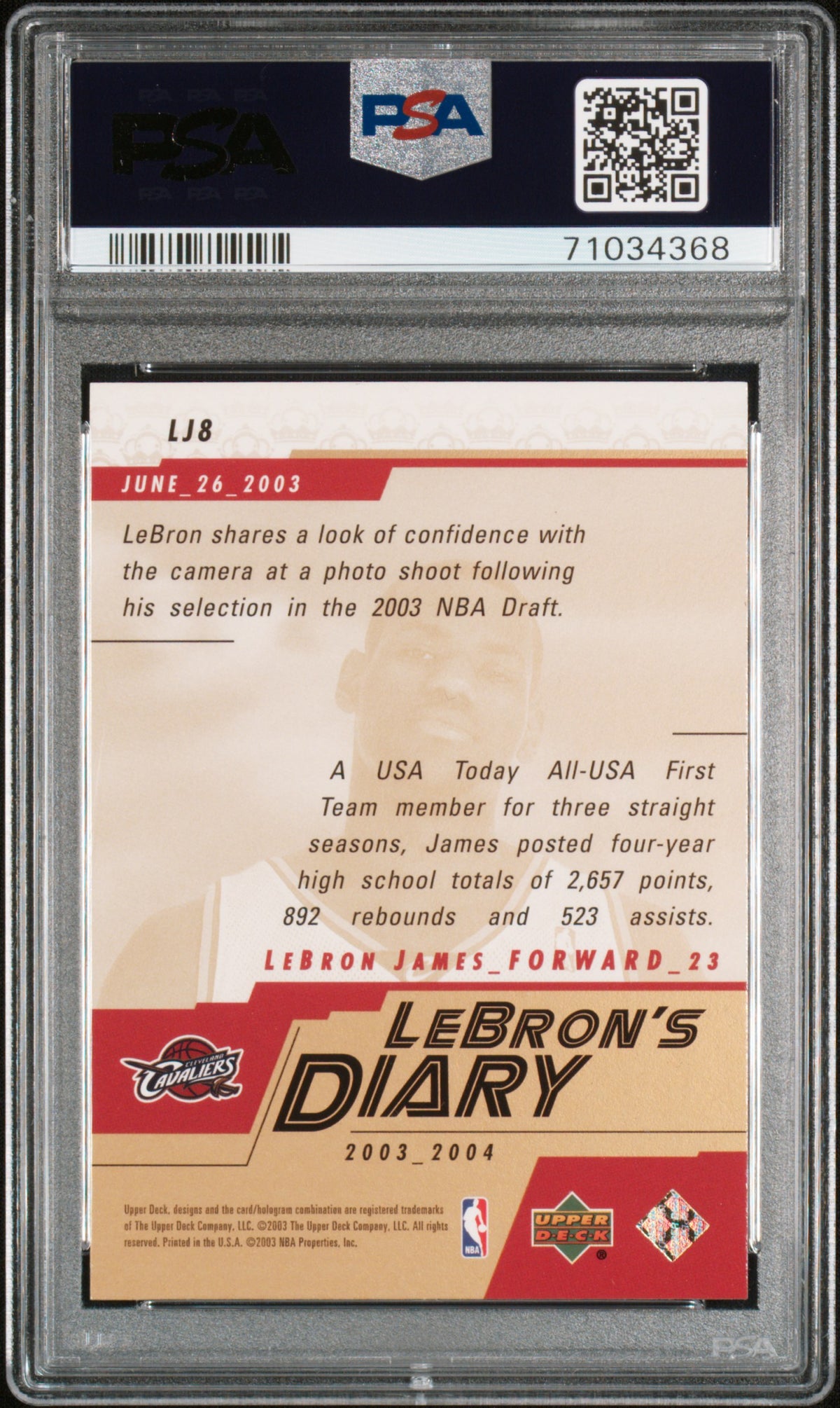 LEBRON JAMES - 2003/04 Upper Deck LeBron's Diary RC #LJ8 PSA 10 - back
