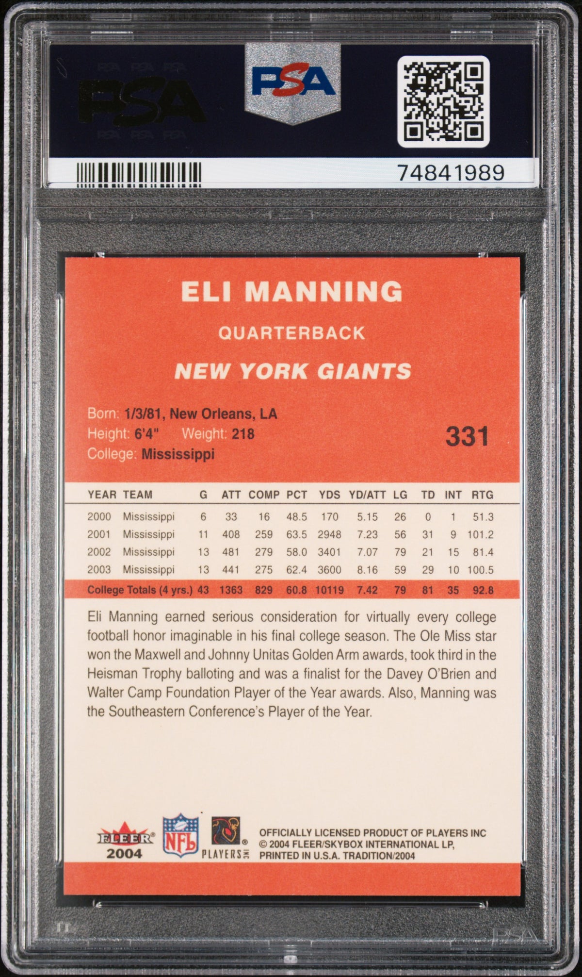 ELI MANNING - 2004 Fleer Tradition #331 PSA 9 - Retro - Cert. 74841989