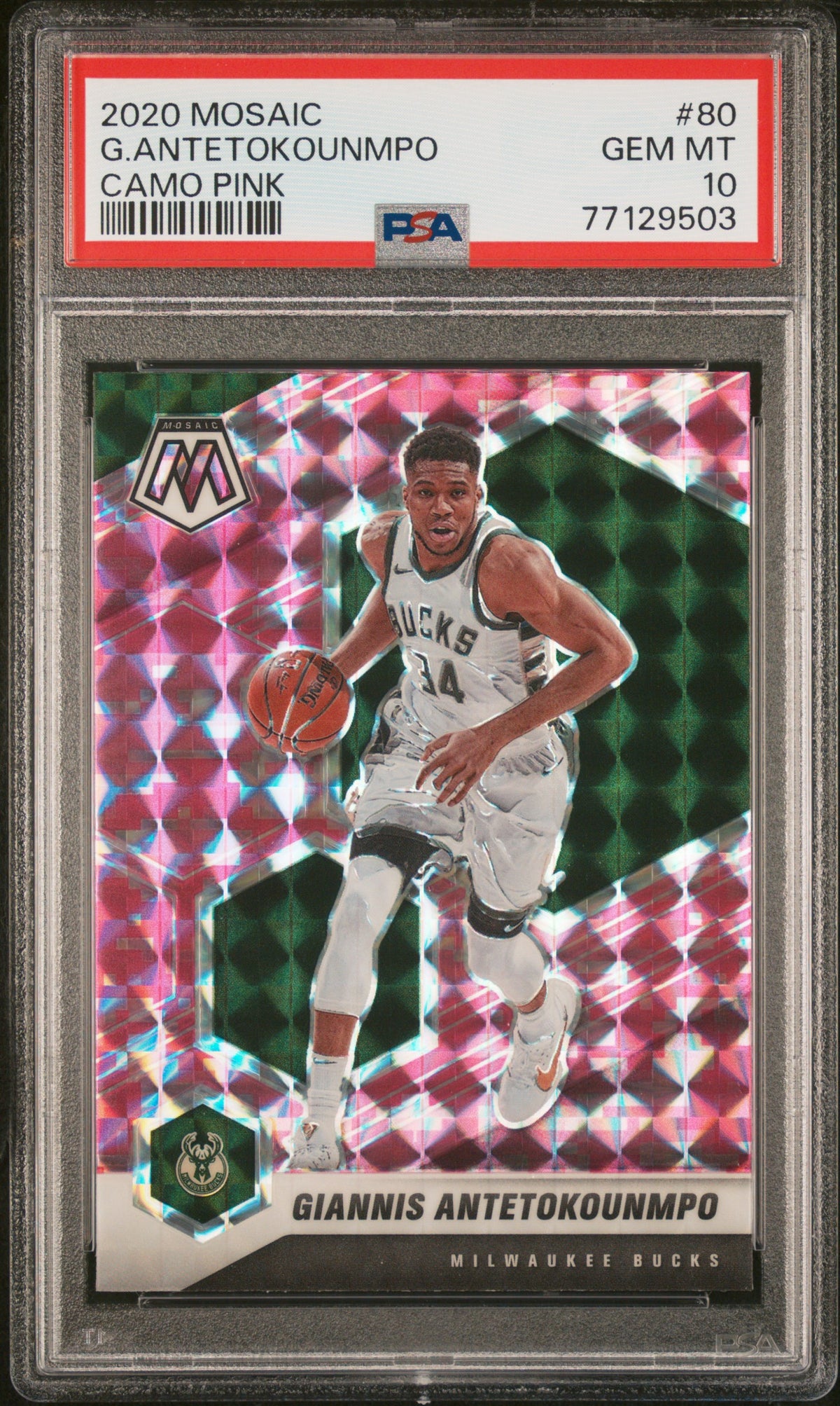 GIANNIS ANTETOKOUNMPO - 2020 Panini Mosaic Camo Pink #80 PSA 10 - Fronte - Certificato 77129503