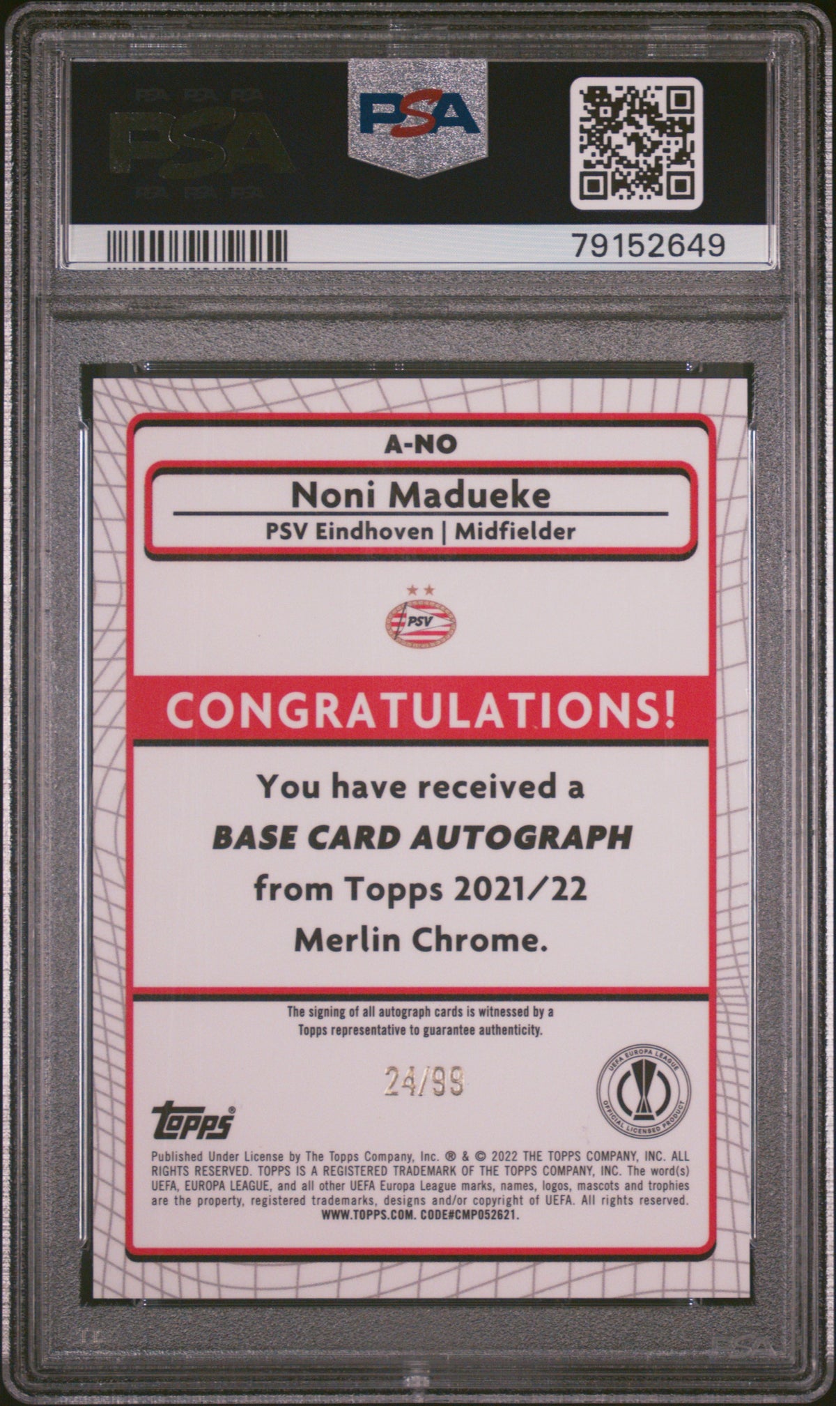 NONI MADUEKE - 2021/22 Topps Merlin Chrome UEFA Autographs Mojo Refractor Auto #NO PSA 10 back
