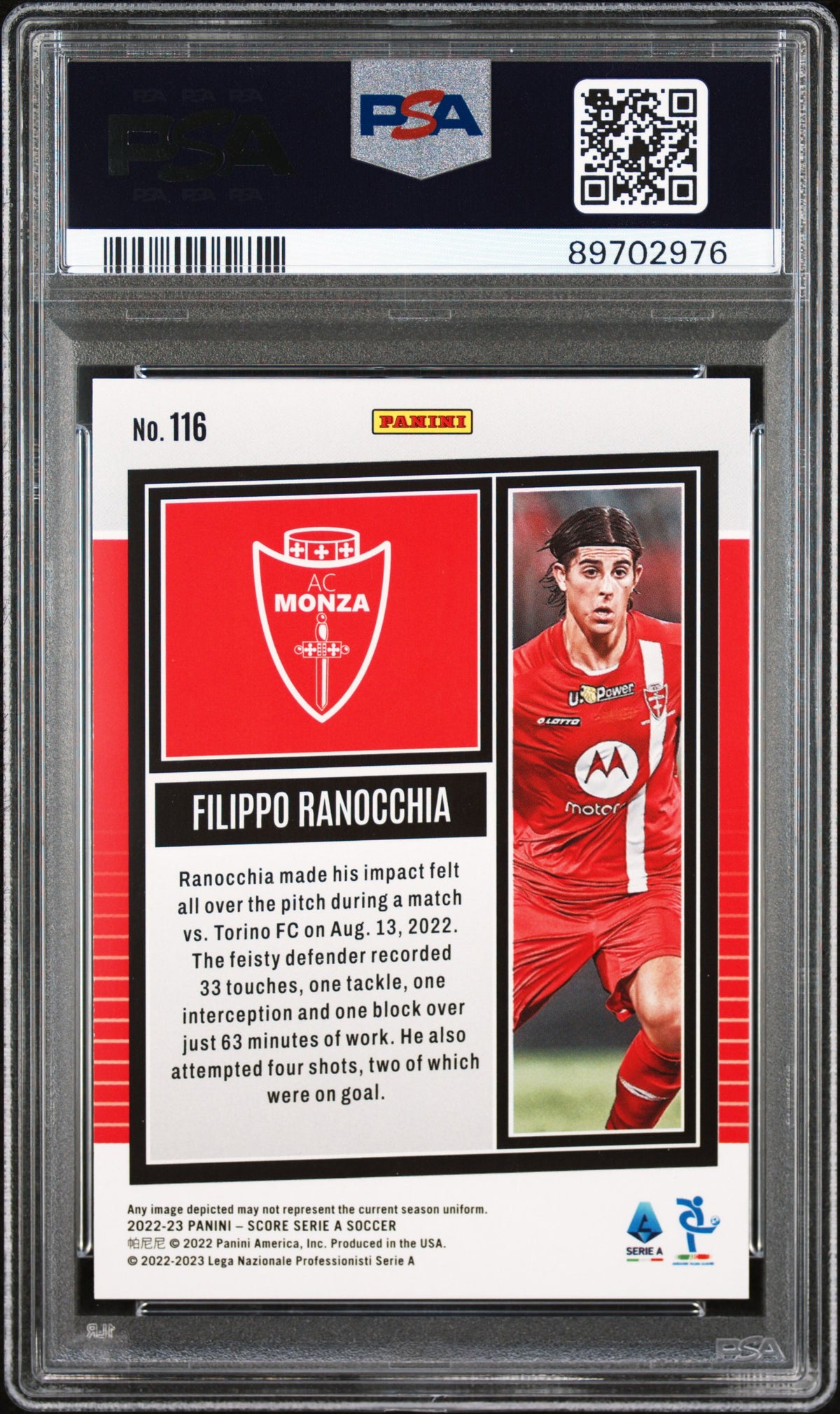 FILIPPO RANOCCHIA - 2022/23 Panini Score Serie A Silver Swirl RC #116 /25 PSA 10 - back