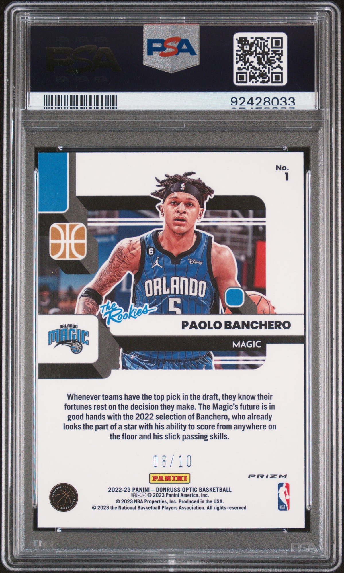 PAOLO BANCHERO - 2022 Panini Donruss Optic The Rookies Gold Wave #1 RC PSA 10 - back - PSA certification 92428033