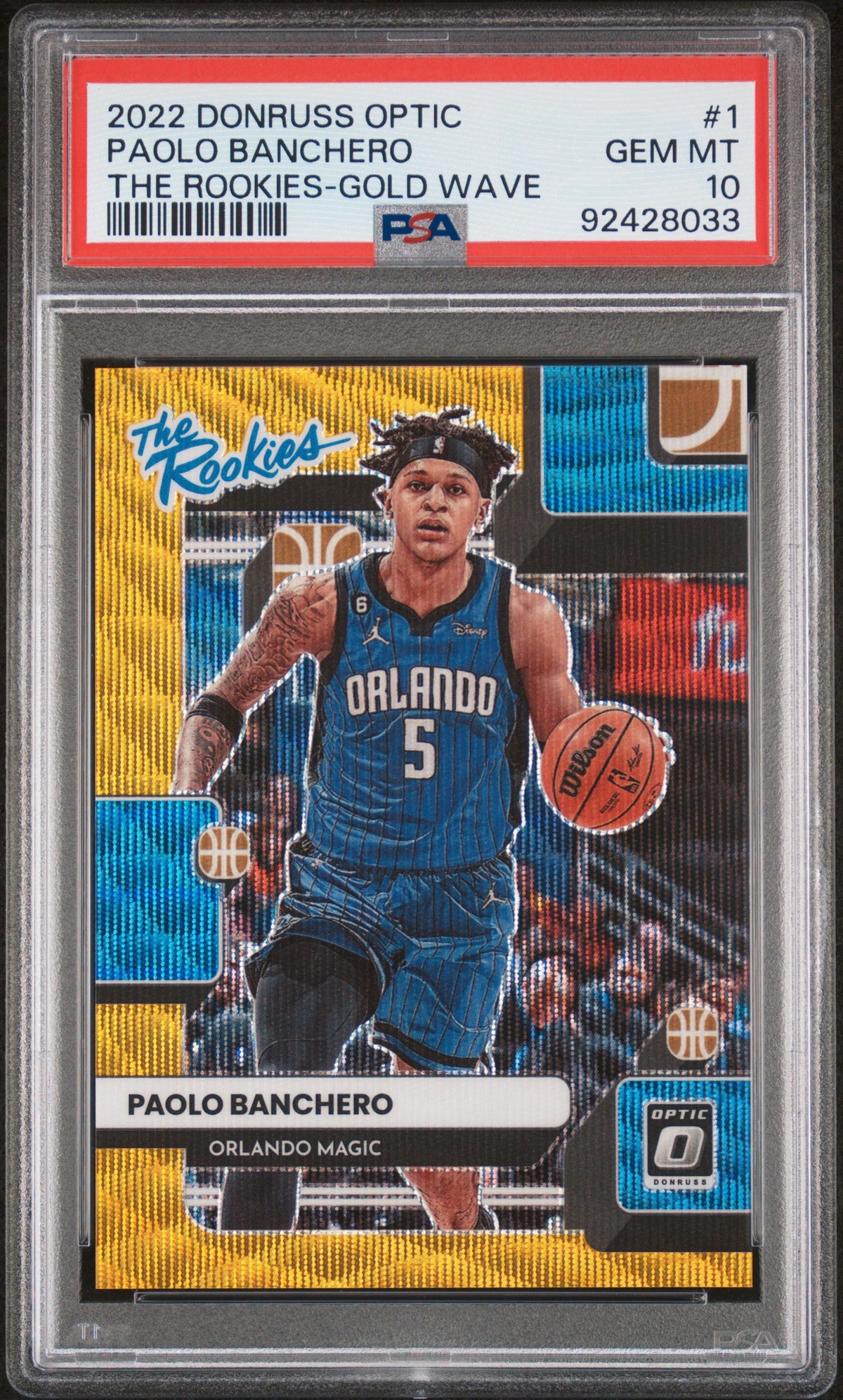 PAOLO BANCHERO - 2022 Panini Donruss Optic The Rookies Gold Wave #1 RC PSA 10 - front - PSA certification 92428033