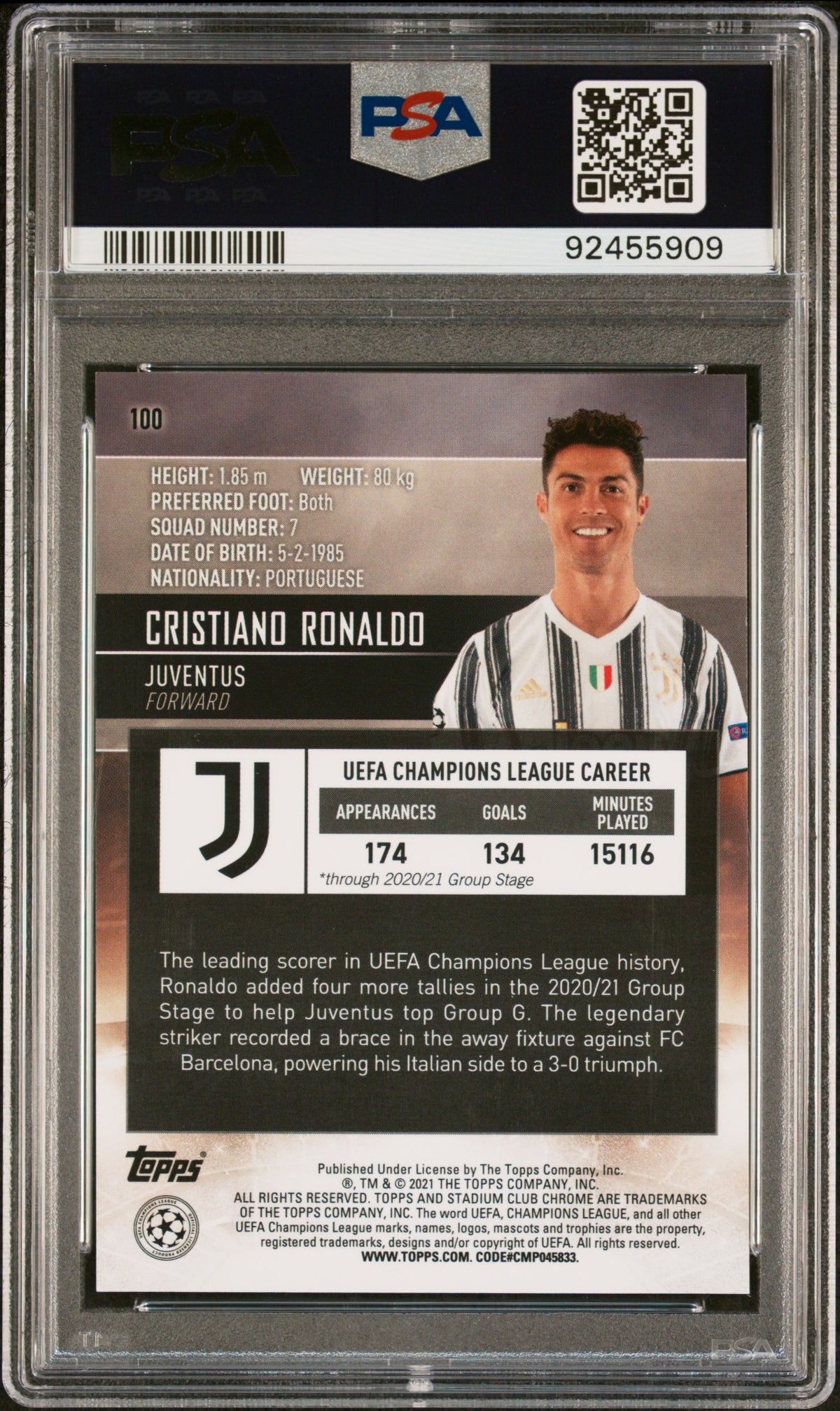 CRISTIANO RONALDO - 2020/21 Topps Stadium Club Chrome UCL Orange/Yellow Electric Wave Refractor #100 PSA 10 - back - PSA certification 92455909