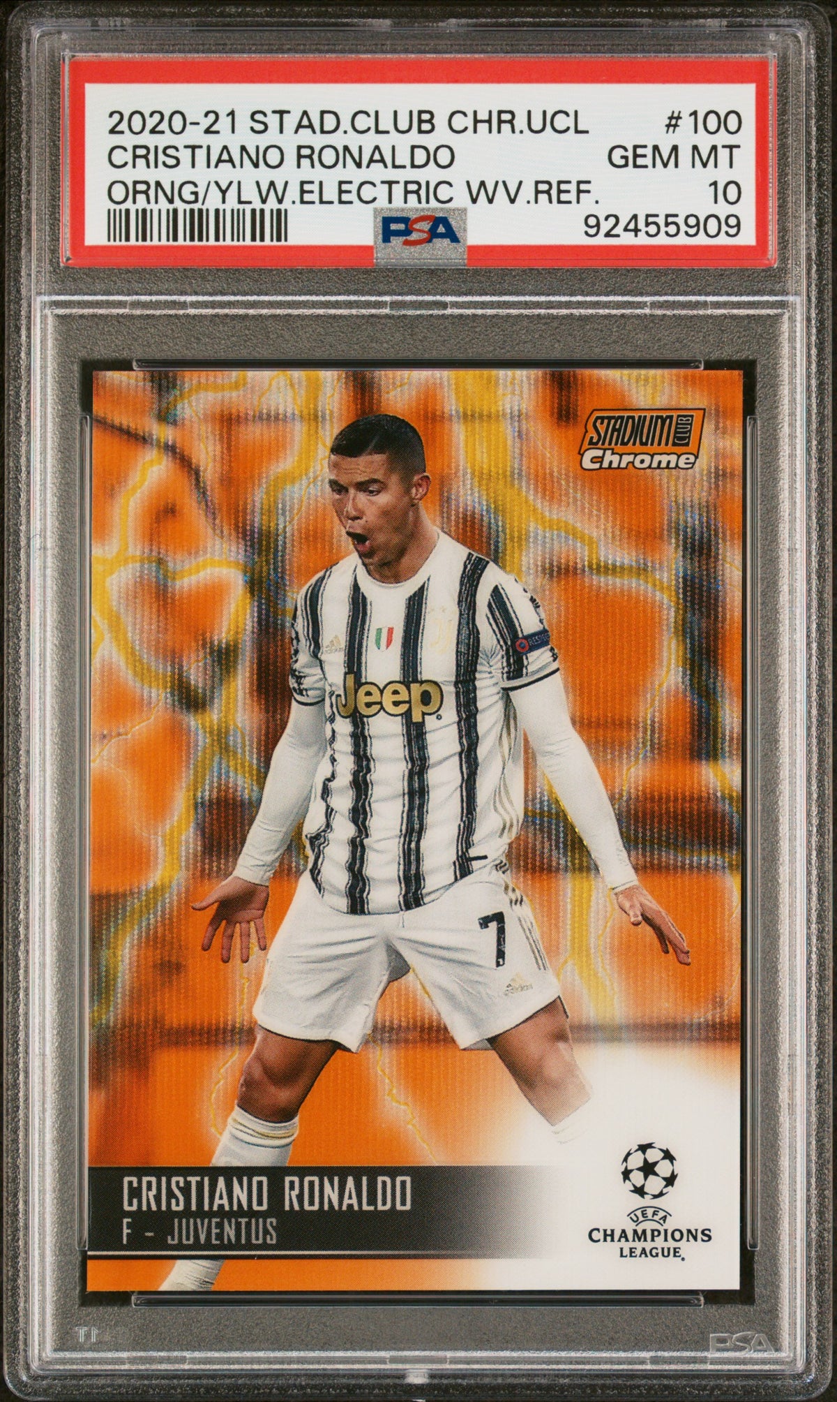 CRISTIANO RONALDO - 2020/21 Topps Stadium Club Chrome UCL Orange/Yellow Electric Wave Refractor #100 PSA 10 - front - PSA certification 92455909
