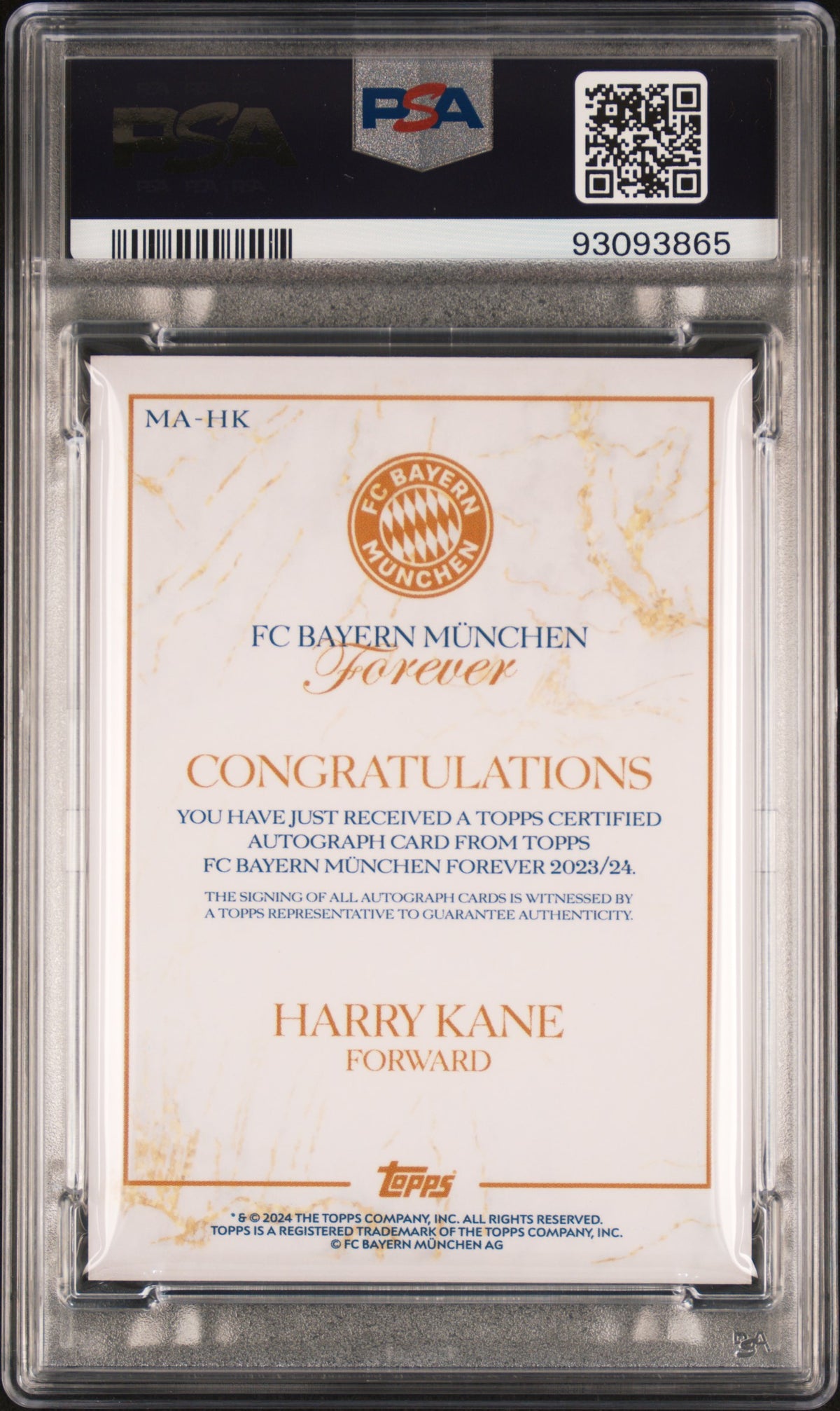 HARRY KANE - 2023/24 Topps FCB Forever Men Autograph #MA-HK PSA 10 - back - PSA certification 93093865
