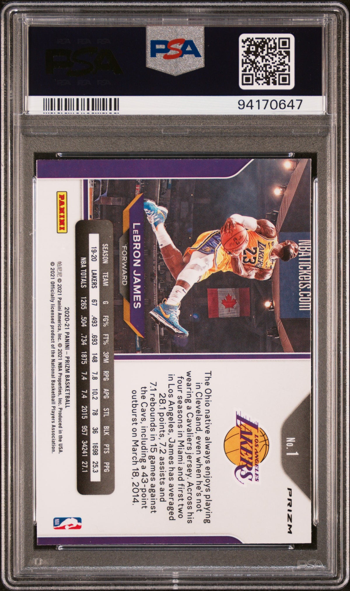 LEBRON JAMES - 2020 Panini Prizm Red/White/Blue Prizm #1 PSA 9 - Retro - Cert. 94170647