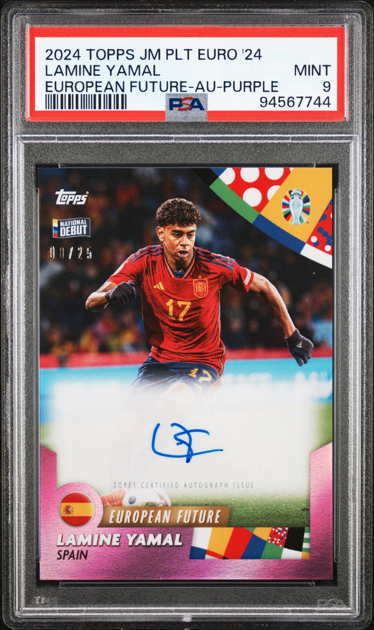 Lamine Yamal — 2024 Topps I Am José Mourinho Platinum Euro 2024 European Future Purple Auto PSA 9 - fronte