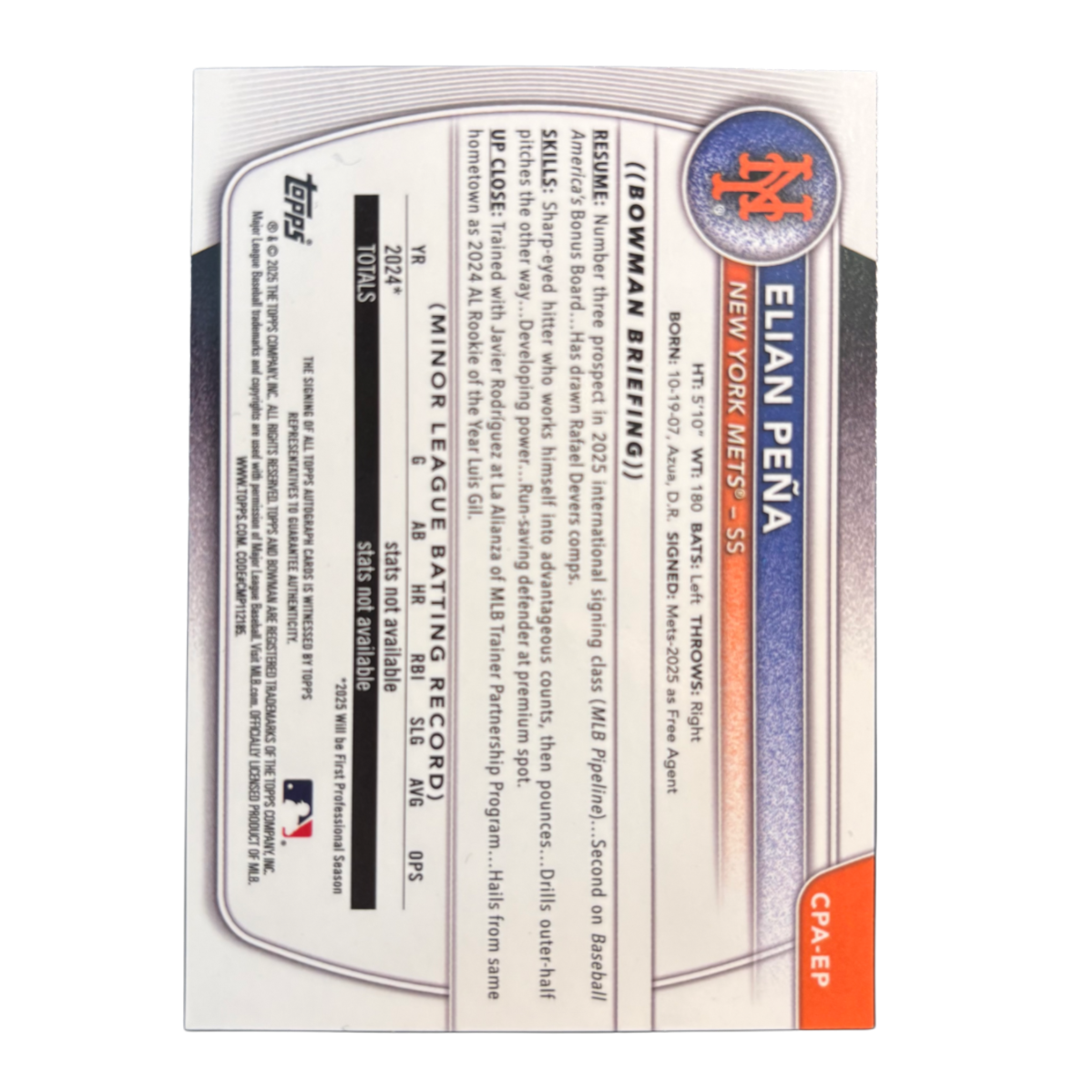 ELIAN PENA - 2025/26 1st Bowman Chrome Purple Refractor /250 Auto