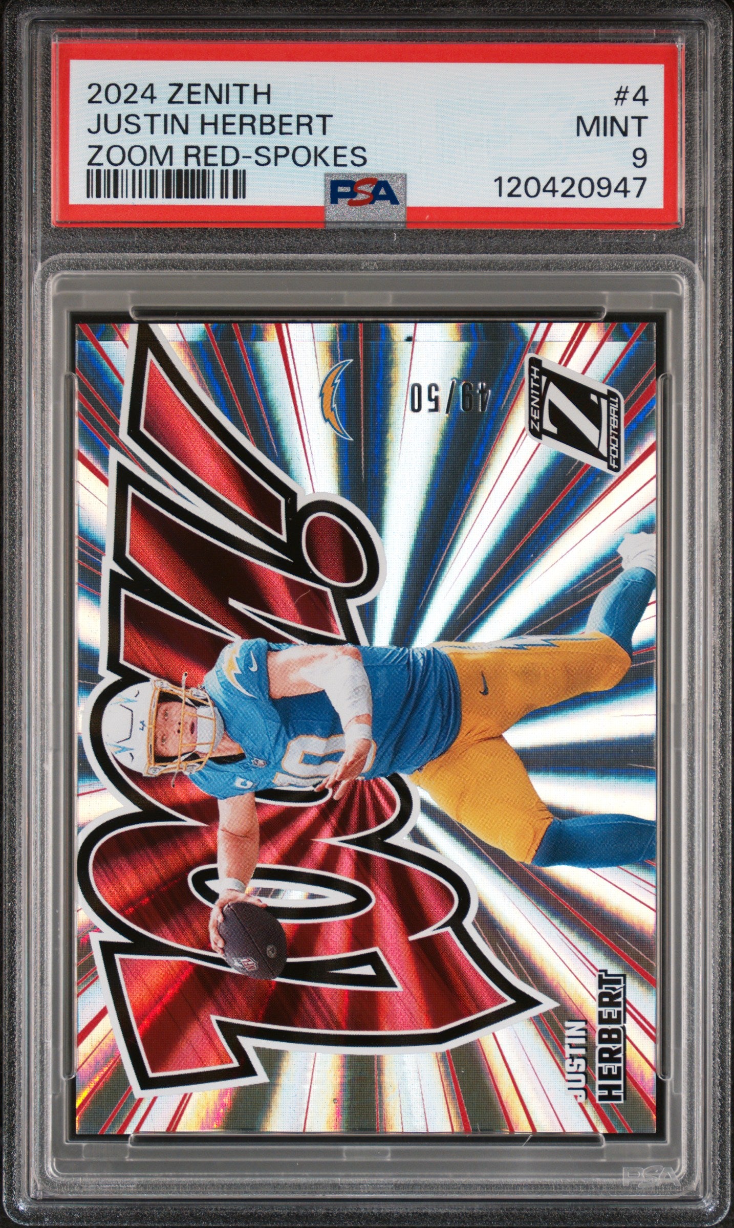 JUSTIN HERBERT - 2024 Panini Zenith Zoom Red Spokes /50 PSA 9