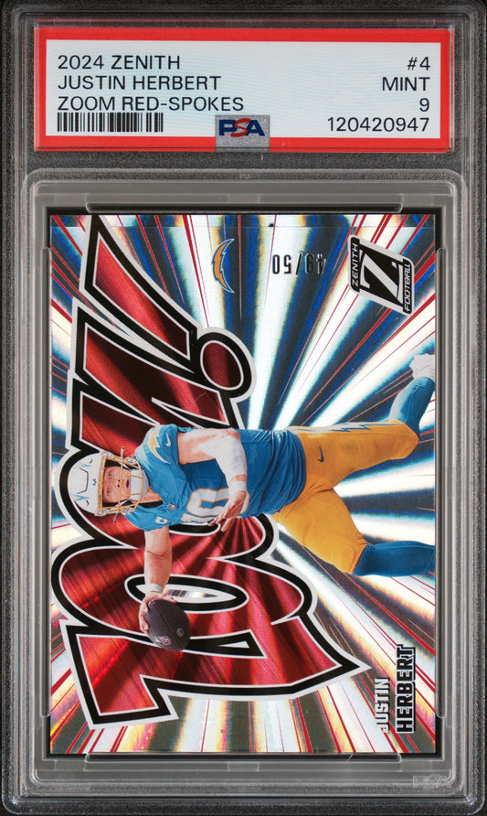 JUSTIN HERBERT - 2024 Panini Zenith Zoom Red Spokes /50 PSA 9