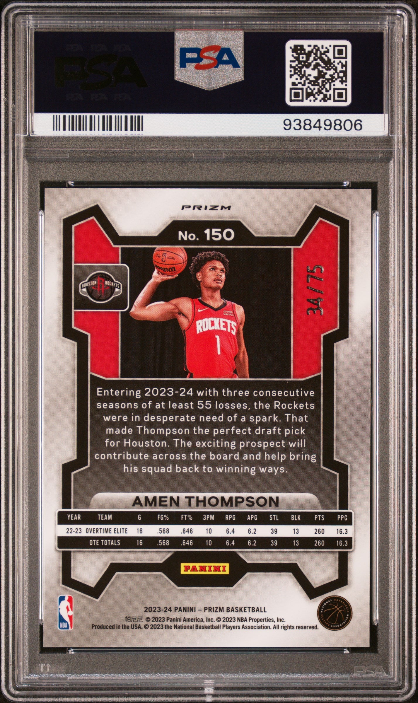 AMEN THOMPSON - 2023 Prizm Purple Fast Black RC /75 PSA 10