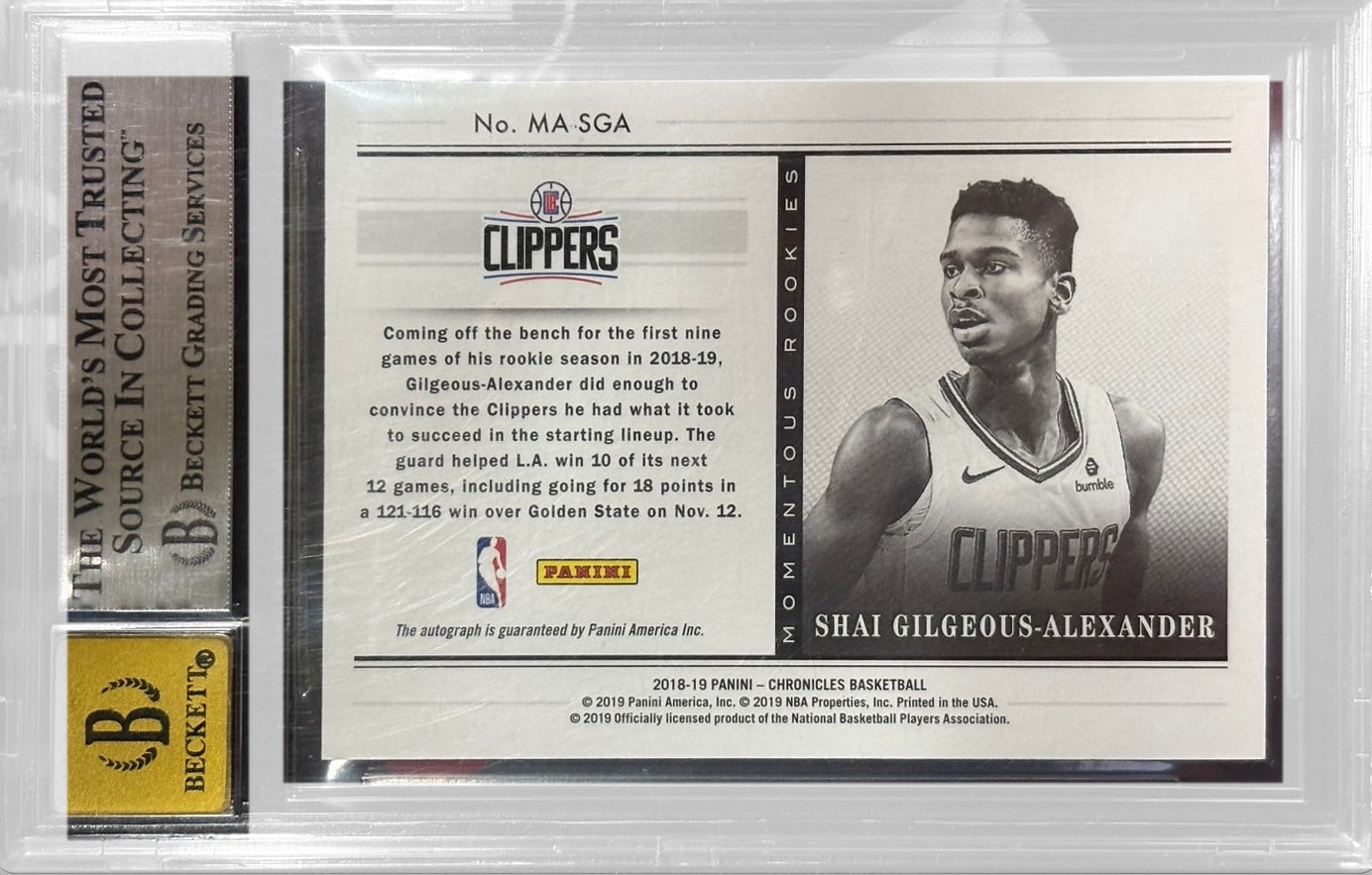 SHAI GILGEOUS-ALEXANDER 2018/19 Panini Chronicles Momentum Momentous Rookie Auto RC #MA-SGA 65/99 BGS 9 Auto 10 - back