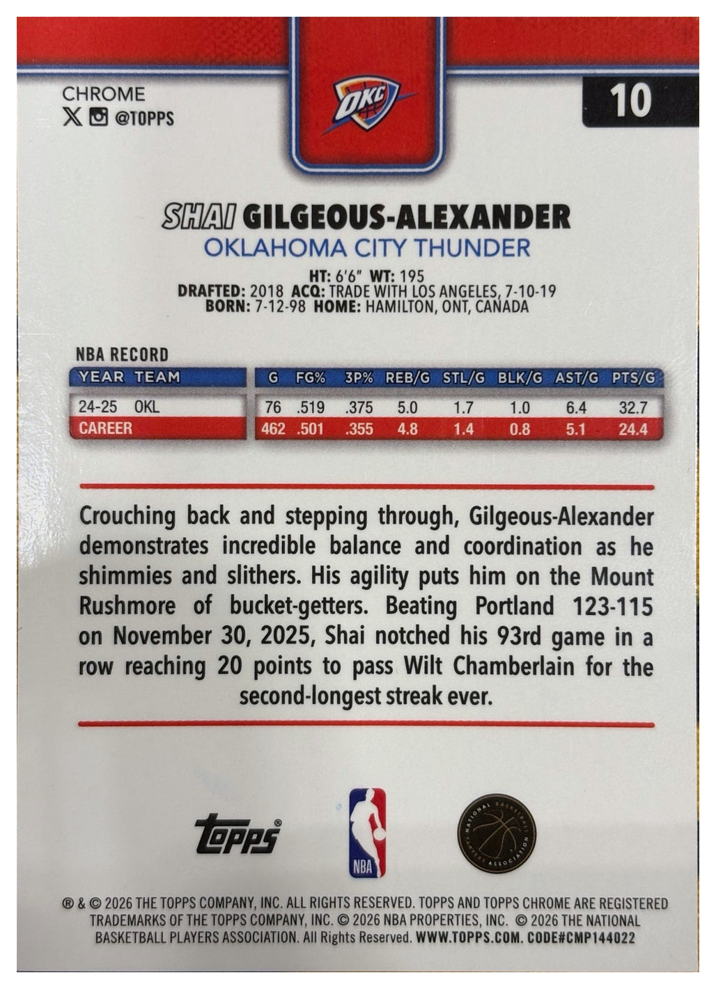SHAI GILGEOUS-ALEXANDER - 2025/26 Topps Chrome Update Sapphire NBA #10 - retro