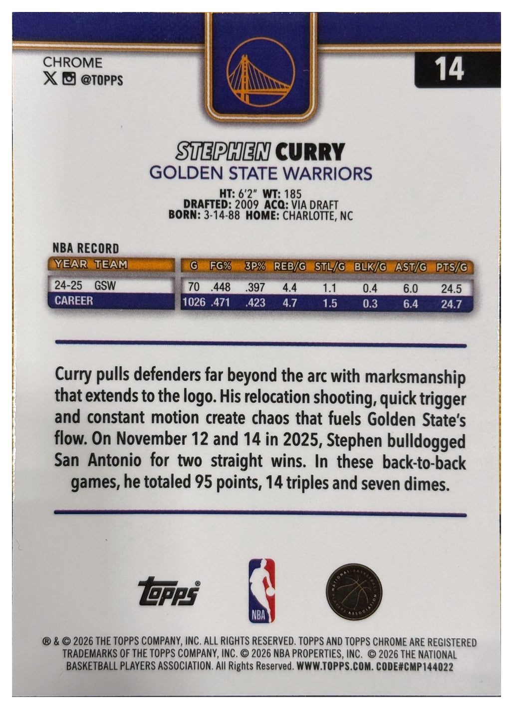STEPHEN CURRY - 2025/26 Topps Chrome Update Sapphire NBA #14 - retro