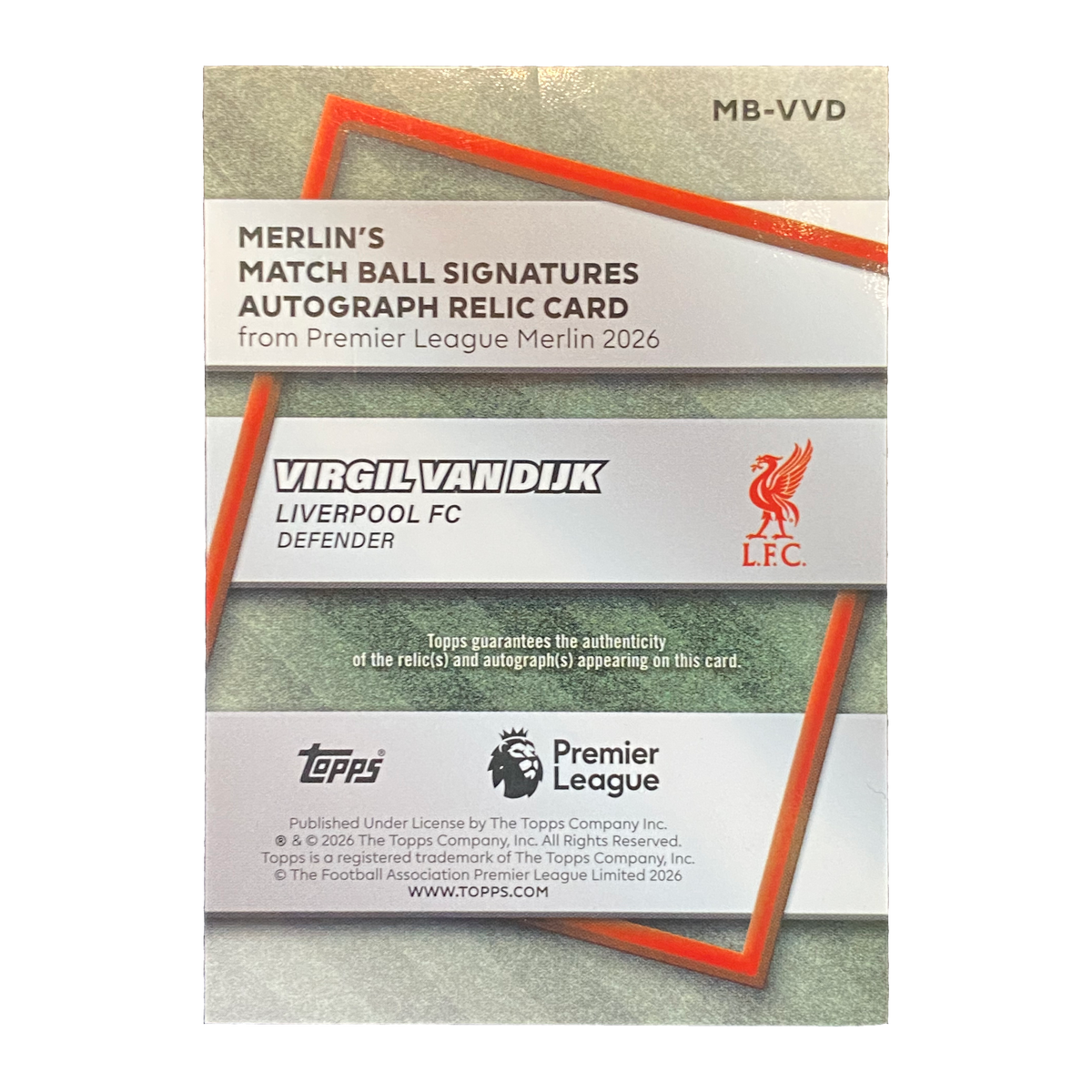 VIRGIL VAN DIJK - 2026 Topps Merlin Premier League Match Ball Signatures Refractor Auto Relic #MB-VVD - back