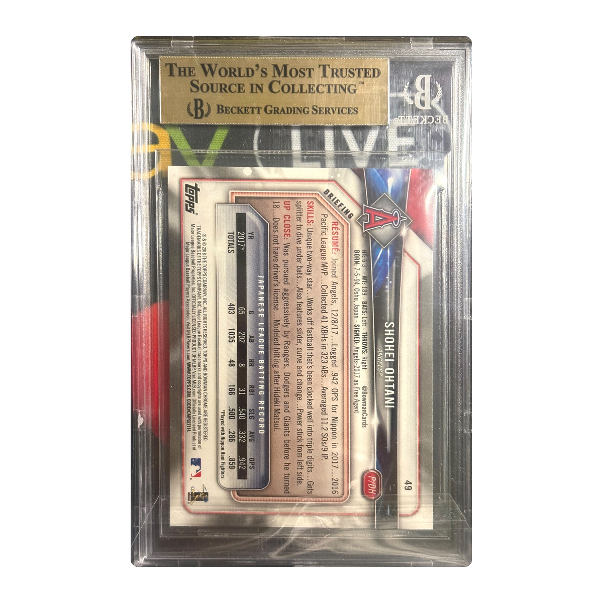 SHOHEI OHTANI - 2018 Bowman RC #49 - BGS 10 — back
