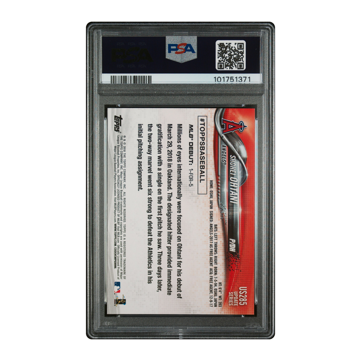 SHOHEI OHTANI - 2018 Topps Update Rookie Debut RC #US285 - PSA 10 — back