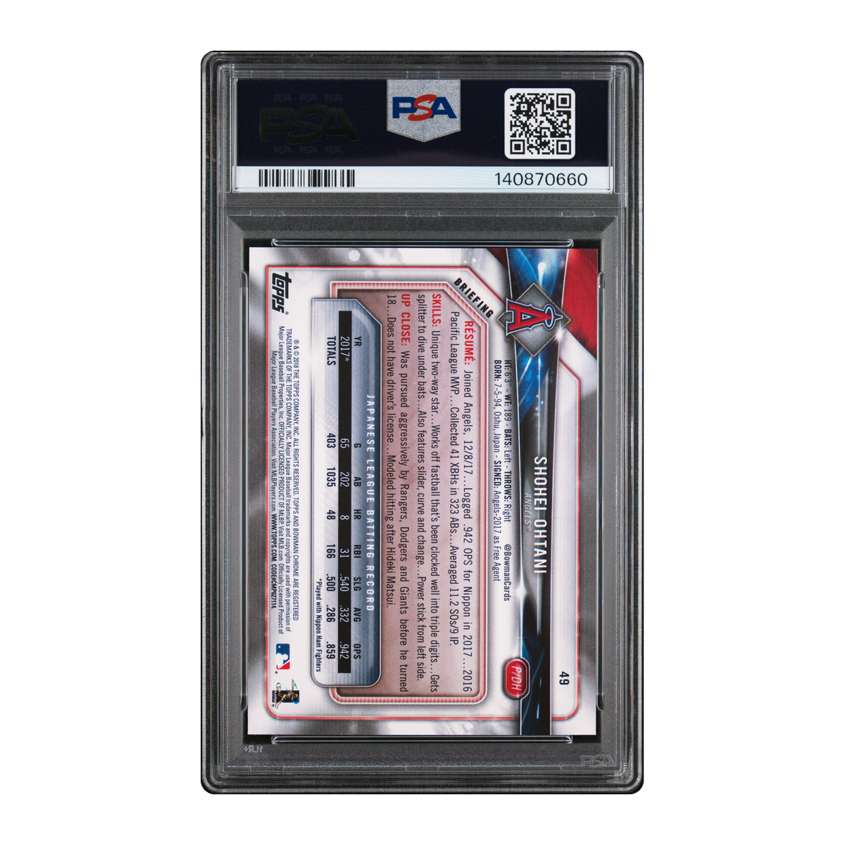SHOHEI OHTANI - 2018 Bowman RC #49 - PSA 10 — back