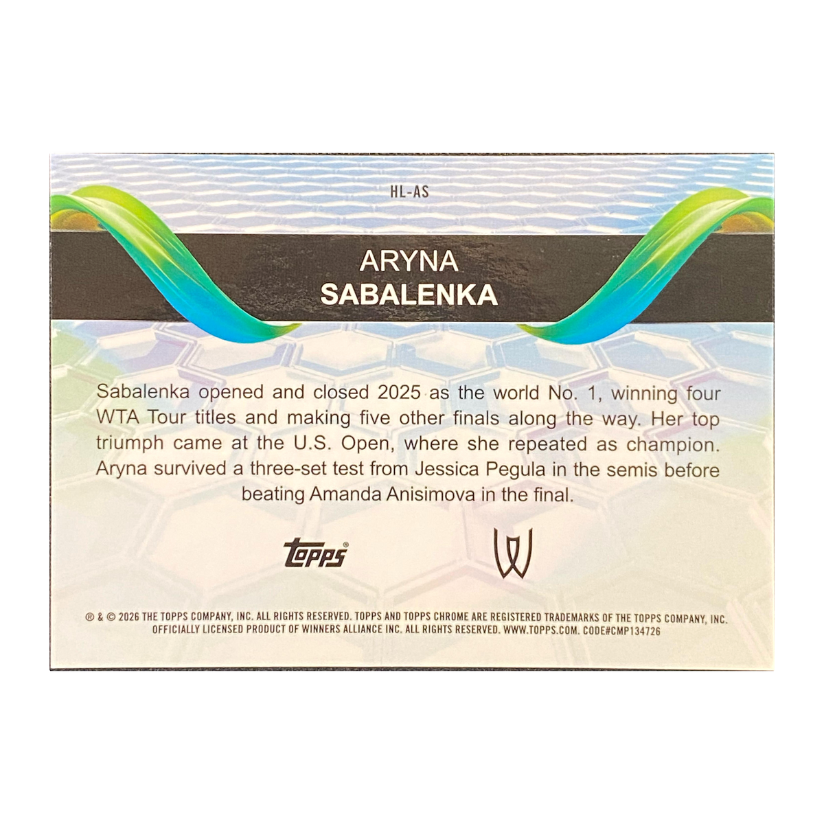 ARYNA SABALENKA - 2026 Topps Chrome Tennis Helix #HL-AS — back