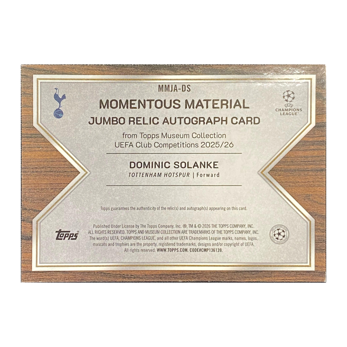 DOMINIC SOLANKE - 2025/26 Topps Museum Collection Momentous Material Jumbo Relic Auto #MMJA-DS /10 — back