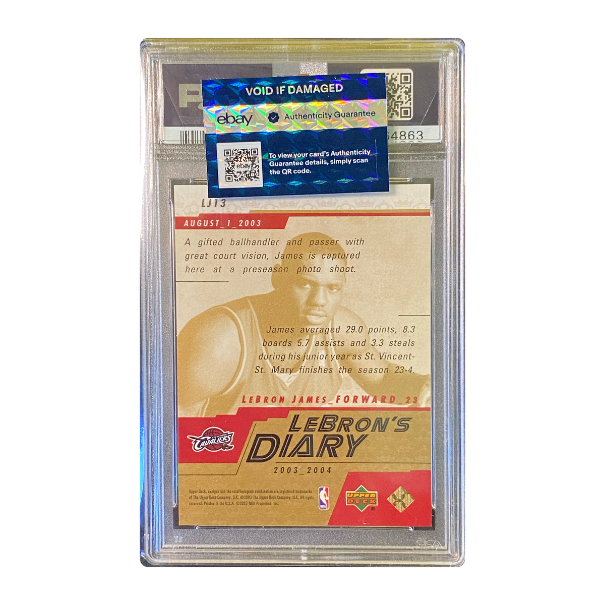 LEBRON JAMES - 2003/04 Upper Deck LeBron's Diary RC #LJ13 - PSA 10 — back