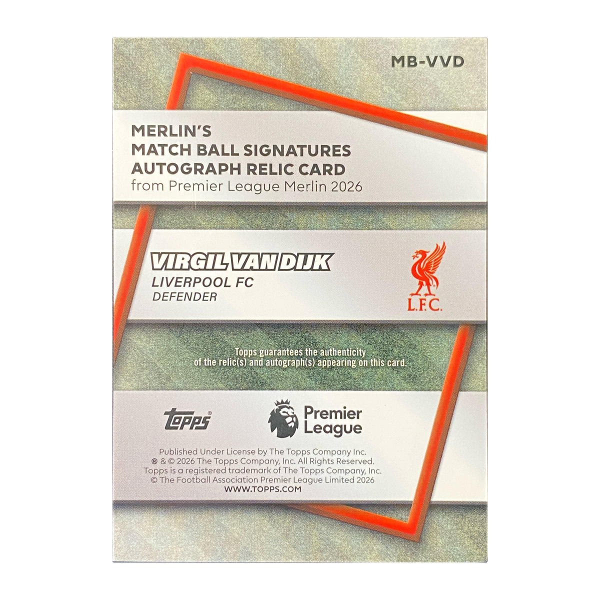 VIRGIL VAN DIJK - 2026 Topps Merlin Premier League Match Ball Signatures Auto Relic #MB-VVD — back