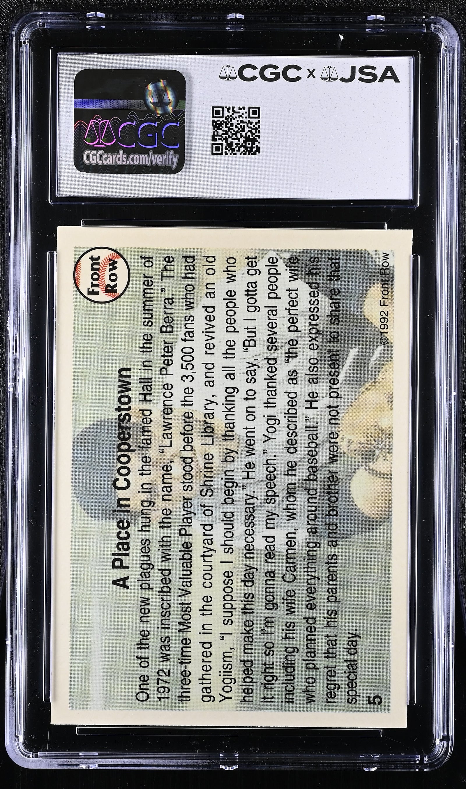 YOGI BERRA - 1992 Front Row All-Time Greats Auto #5 CGC 8 Auto 10 - back